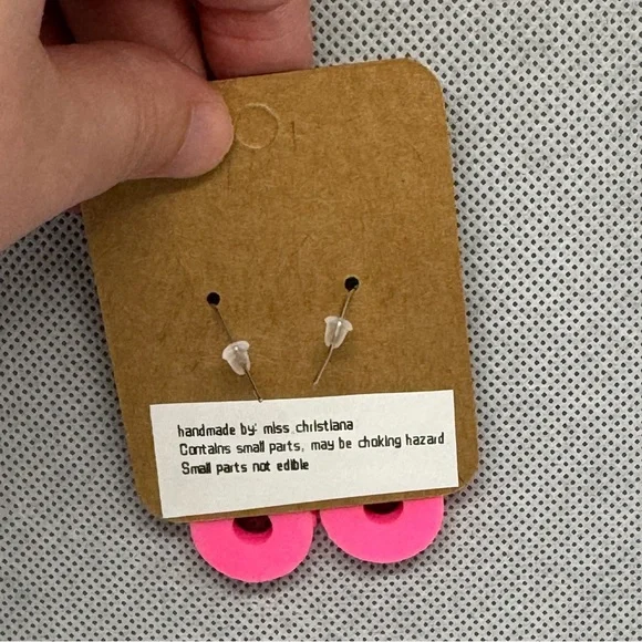 Handmade Bright Pink Donut Earrings - Picture 4 of 6